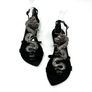 NEW NWT Giuseppe Zanotti Black Satin Silver Crystal Dragon Flat Sandals 36 6